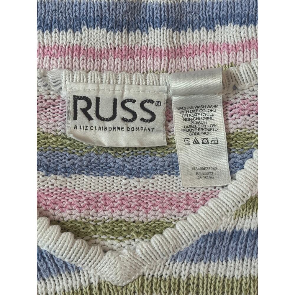 90s Vintage Grandmacore Cottagecore Knit Sweater Top Pastel‎ Striped Cotton XL - Picture 2 of 3